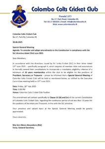 Special General Meeting To consider and adopt amendments to the Constitution in compliance with the SLC – 18th July 2025